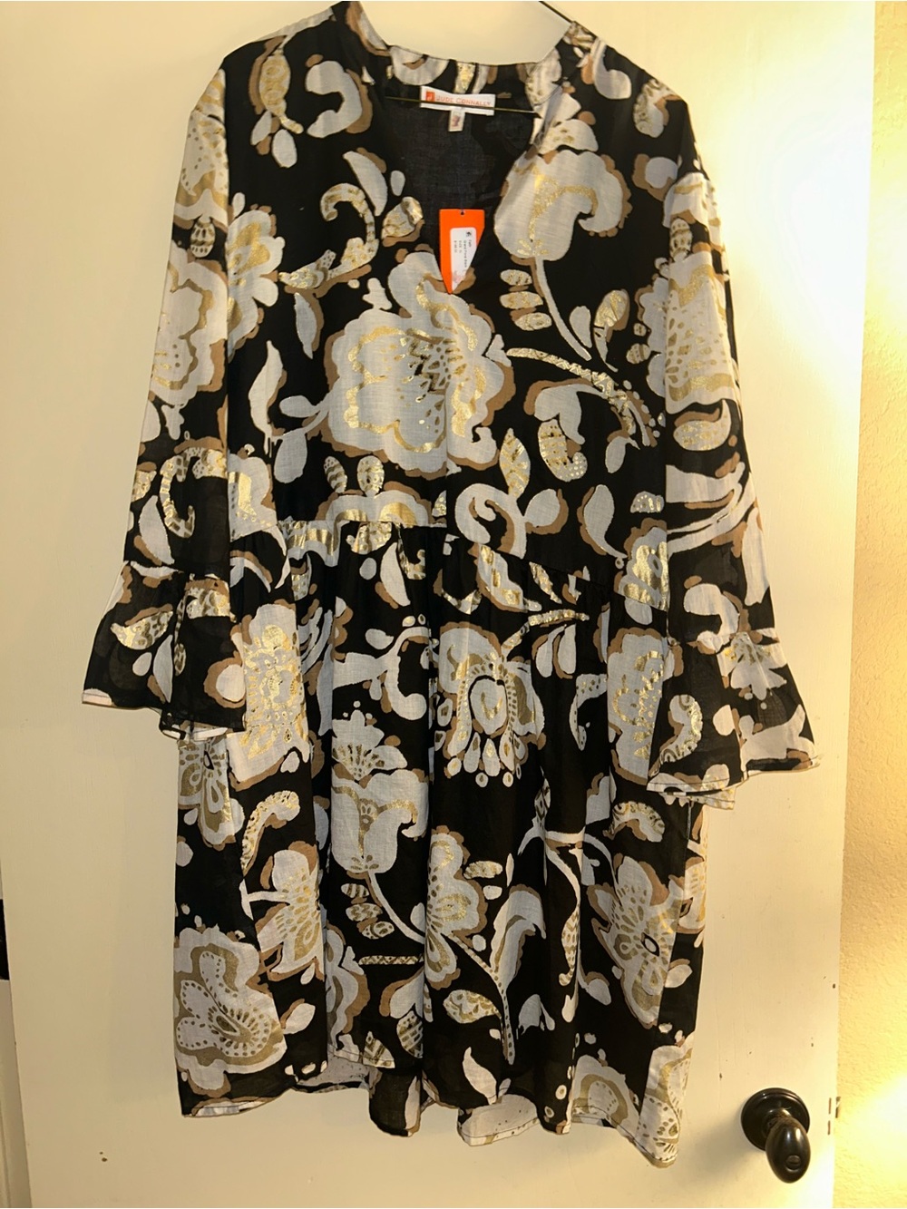 Jude Connally Black Dress with White and Gold Floral Print